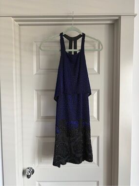 Parker Blue and Black Beaded Halter Mini Dress
